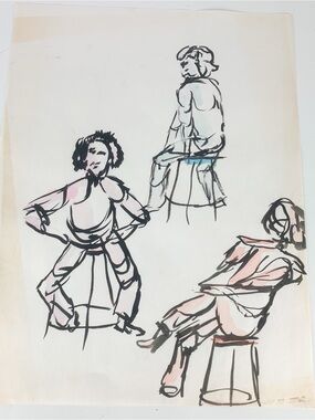 Vintage Watercolor Figures Stools Painting Paper Mid Century Mod Rosemarie Hahn